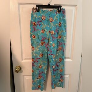 Piazza Sempione Turquoise Floral Embroidered Pants